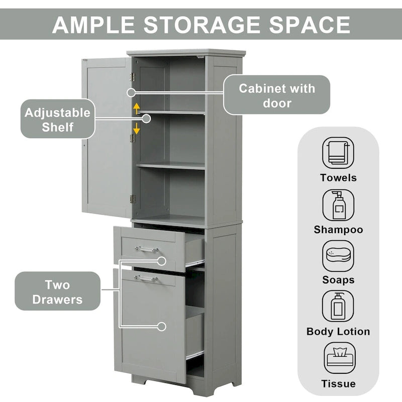 68 Tall Bathroom Storage Cabinet, Freestanding Storage Cabinet with Two Different Size Drawers and Adjustable Shelf, MDF Board