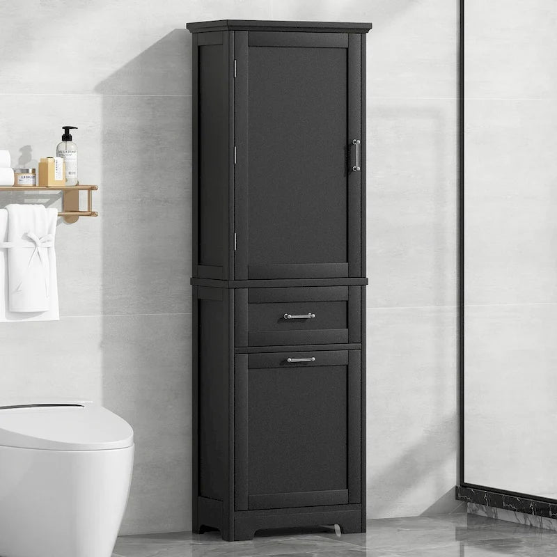 68 Tall Bathroom Storage Cabinet, Freestanding Storage Cabinet with Two Different Size Drawers and Adjustable Shelf, MDF Board