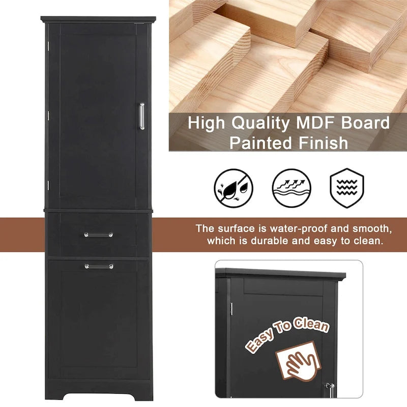 68 Tall Bathroom Storage Cabinet, Freestanding Storage Cabinet with Two Different Size Drawers and Adjustable Shelf, MDF Board