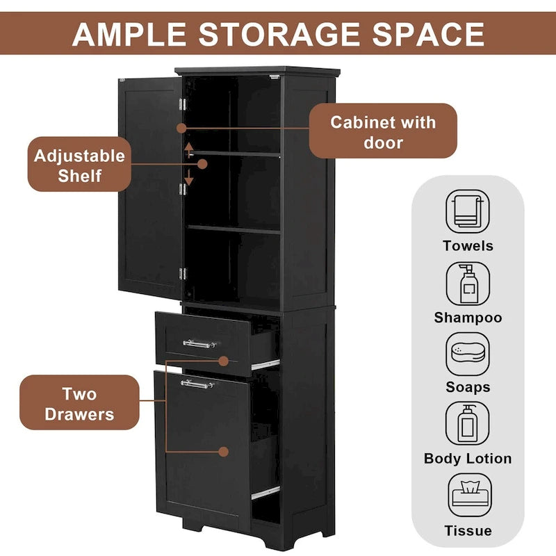 68 Tall Bathroom Storage Cabinet, Freestanding Storage Cabinet with Two Different Size Drawers and Adjustable Shelf, MDF Board