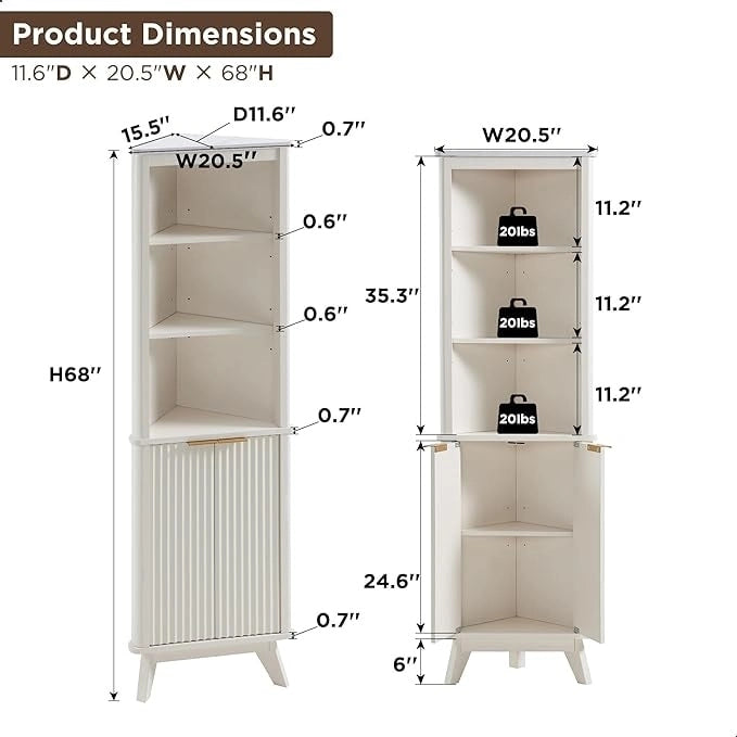 68  Modern Tall Corner Cabinet, Storage Cabinet with Faux Marble Top