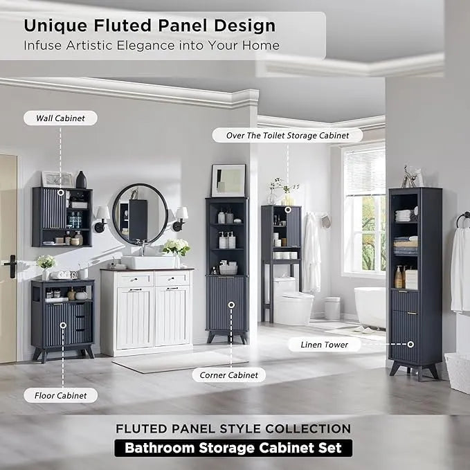 Modern Bathroom Floor Cabinet, Storage Organizer w/Faux Marble Top