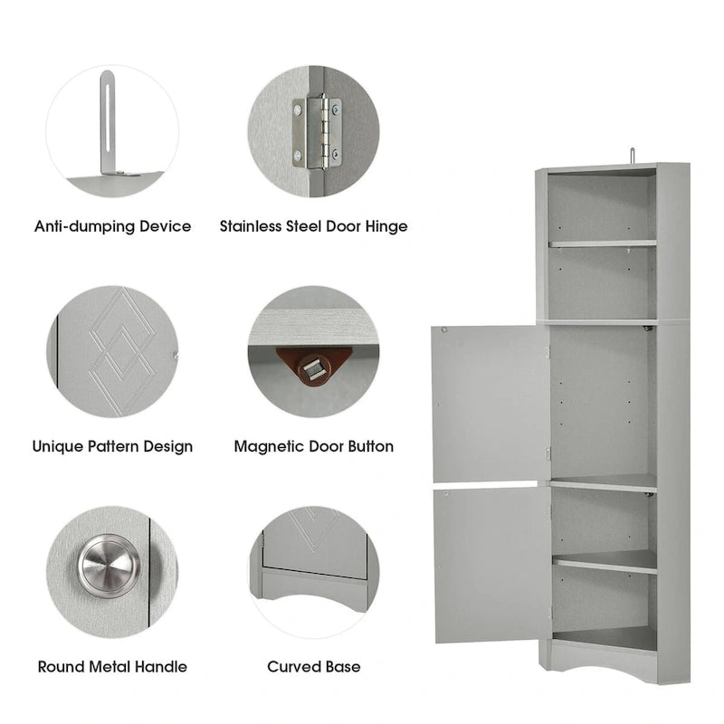 61  H Bathroom Cabinet,Narrow Toilet Organizer Side Corner Storage Tall Corner Cabinet