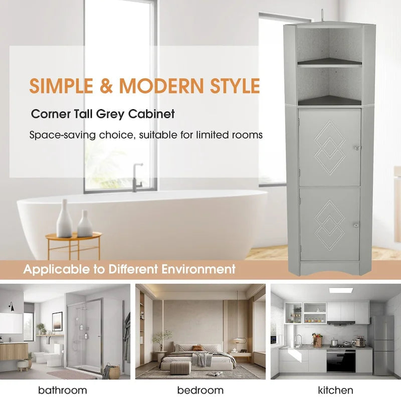61  H Bathroom Cabinet,Narrow Toilet Organizer Side Corner Storage Tall Corner Cabinet