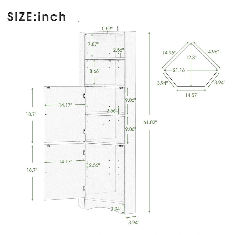 61  H Bathroom Cabinet,Narrow Toilet Organizer Side Corner Storage Tall Corner Cabinet