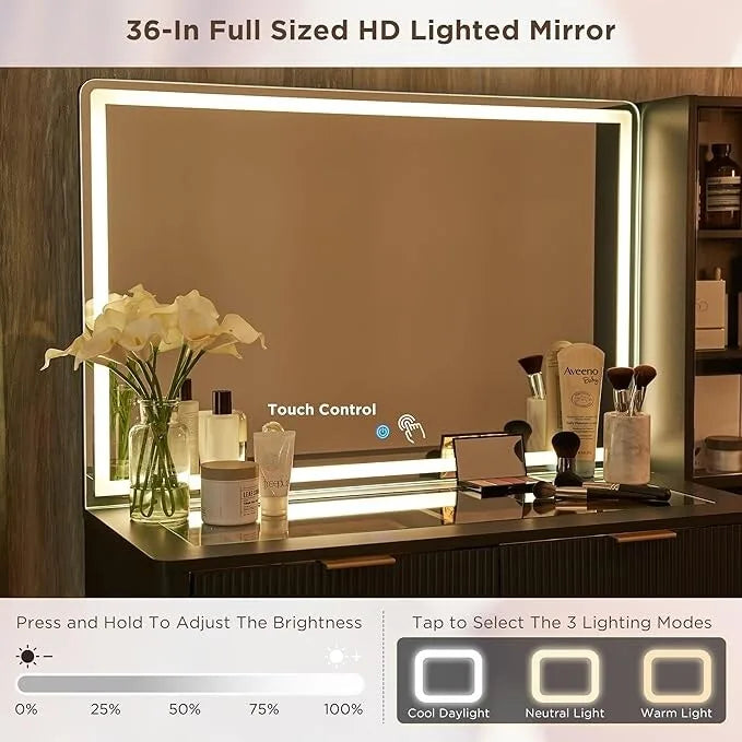 Coiffeuse moderne avec miroir éclairé HD, Table de maquillage