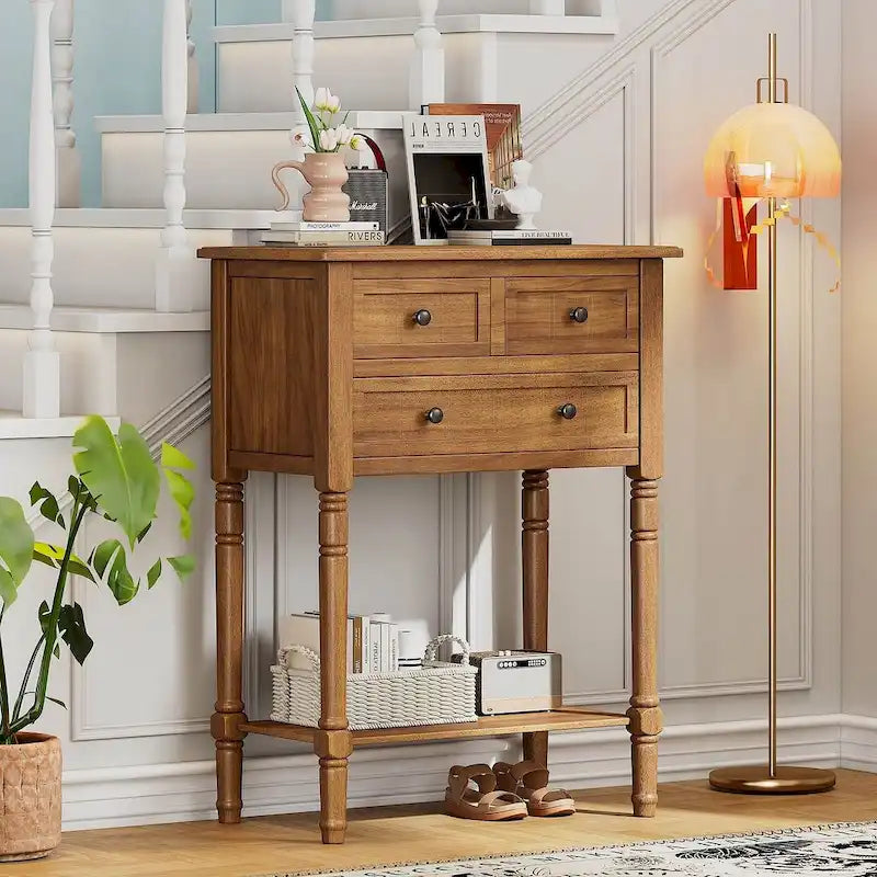 23.7 Farmhouse Solid Wood Console Table with 3 Drawers and Bottom Shelf