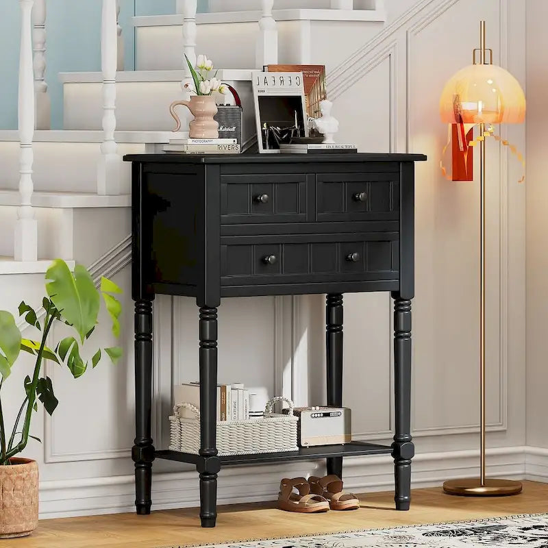 23.7 Farmhouse Solid Wood Console Table with 3 Drawers and Bottom Shelf