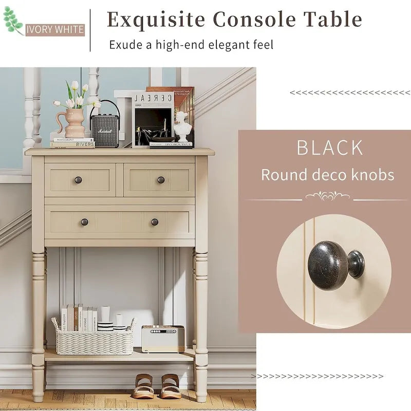 23.7 Farmhouse Solid Wood Console Table with 3 Drawers and Bottom Shelf