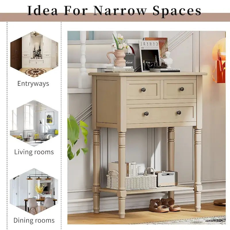 23.7 Farmhouse Solid Wood Console Table with 3 Drawers and Bottom Shelf