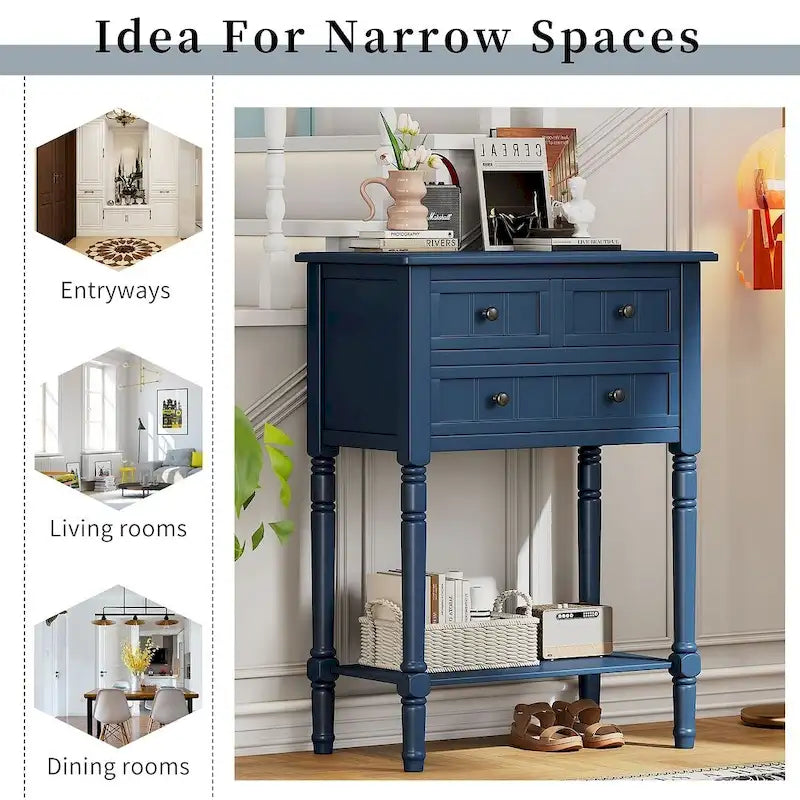 23.7 Farmhouse Solid Wood Console Table with 3 Drawers and Bottom Shelf