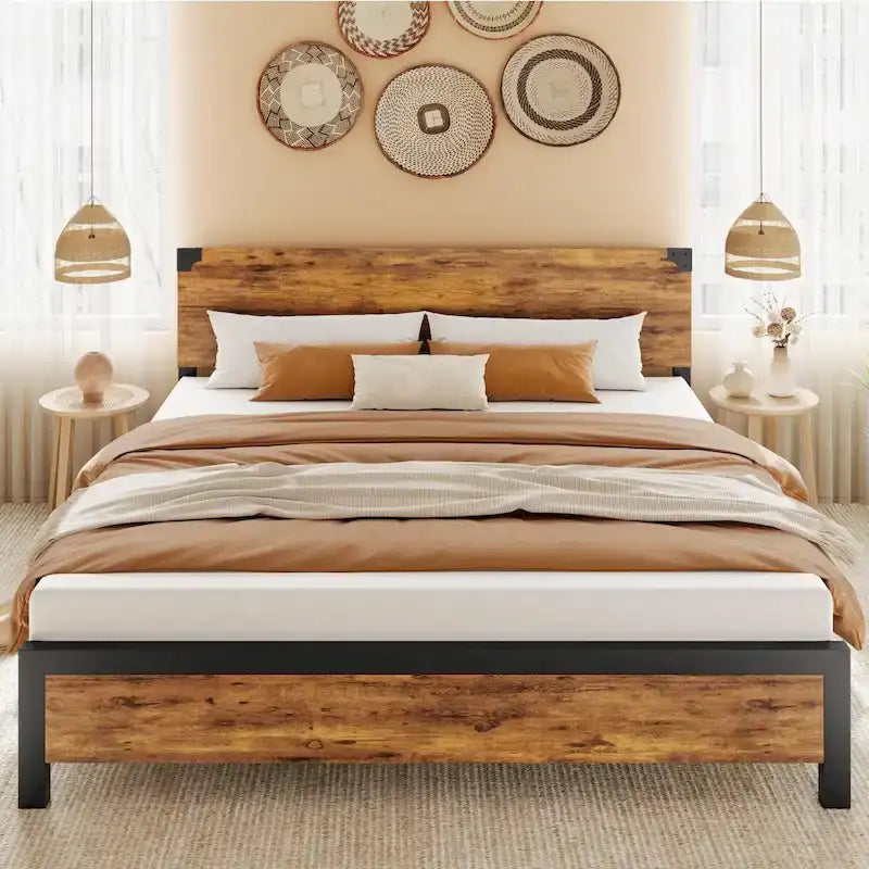 Cadre de lit avec tête de lit en bois, lit plateforme avec rangement sous le lit