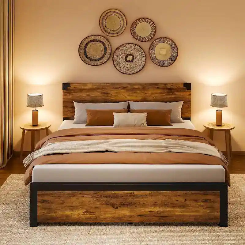Cadre de lit avec tête de lit en bois, lit plateforme avec rangement sous le lit