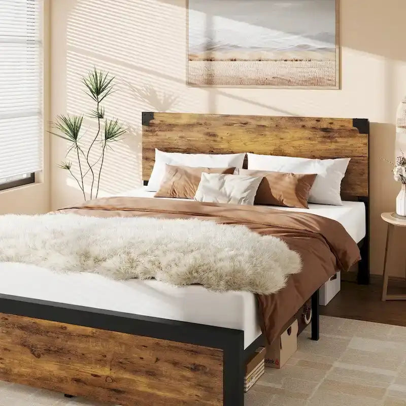 Cadre de lit avec tête de lit en bois, lit plateforme avec rangement sous le lit