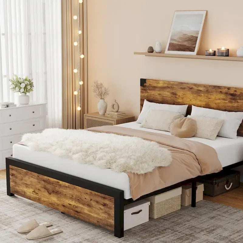 Cadre de lit avec tête de lit en bois, lit plateforme avec rangement sous le lit