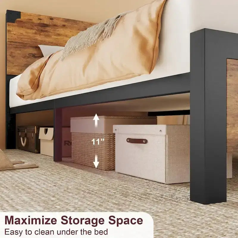 Cadre de lit avec tête de lit en bois, lit plateforme avec rangement sous le lit