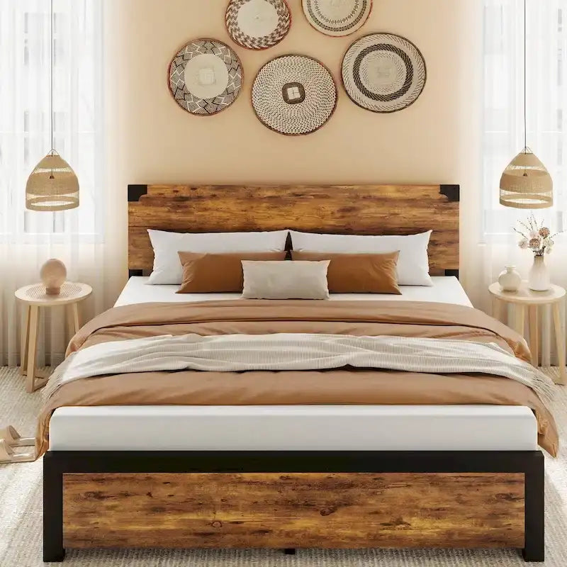 Cadre de lit avec tête de lit en bois, lit plateforme avec rangement sous le lit