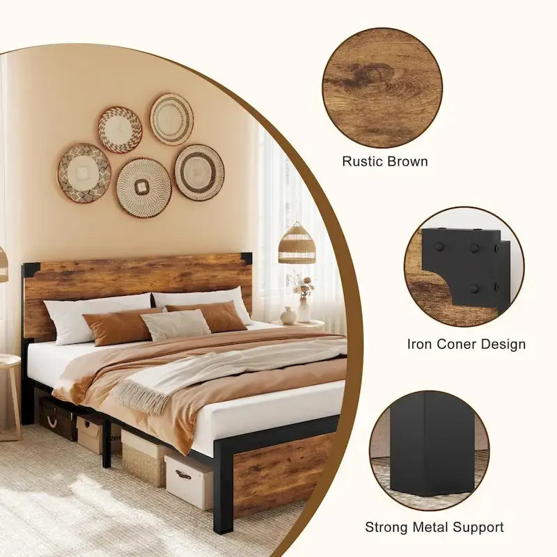 Cadre de lit avec tête de lit en bois, lit plateforme avec rangement sous le lit