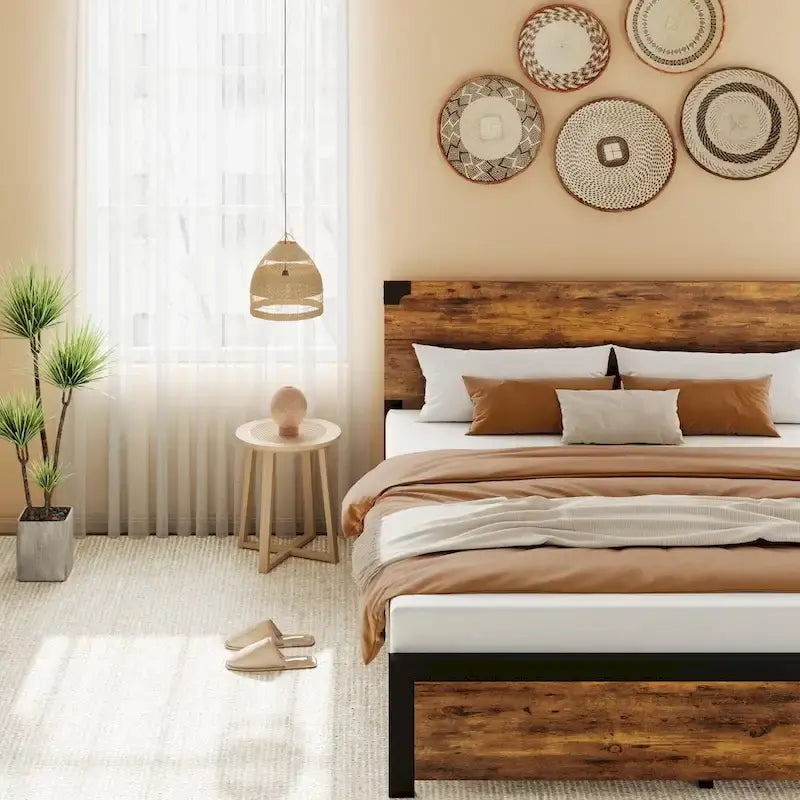 Cadre de lit avec tête de lit en bois, lit plateforme avec rangement sous le lit