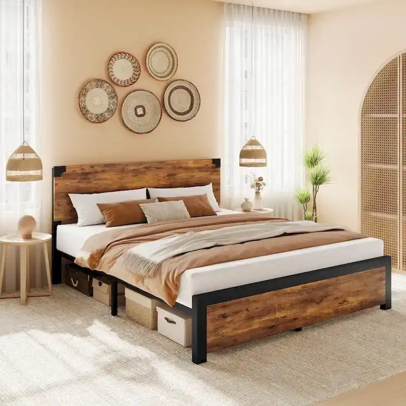 Cadre de lit avec tête de lit en bois, lit plateforme avec rangement sous le lit