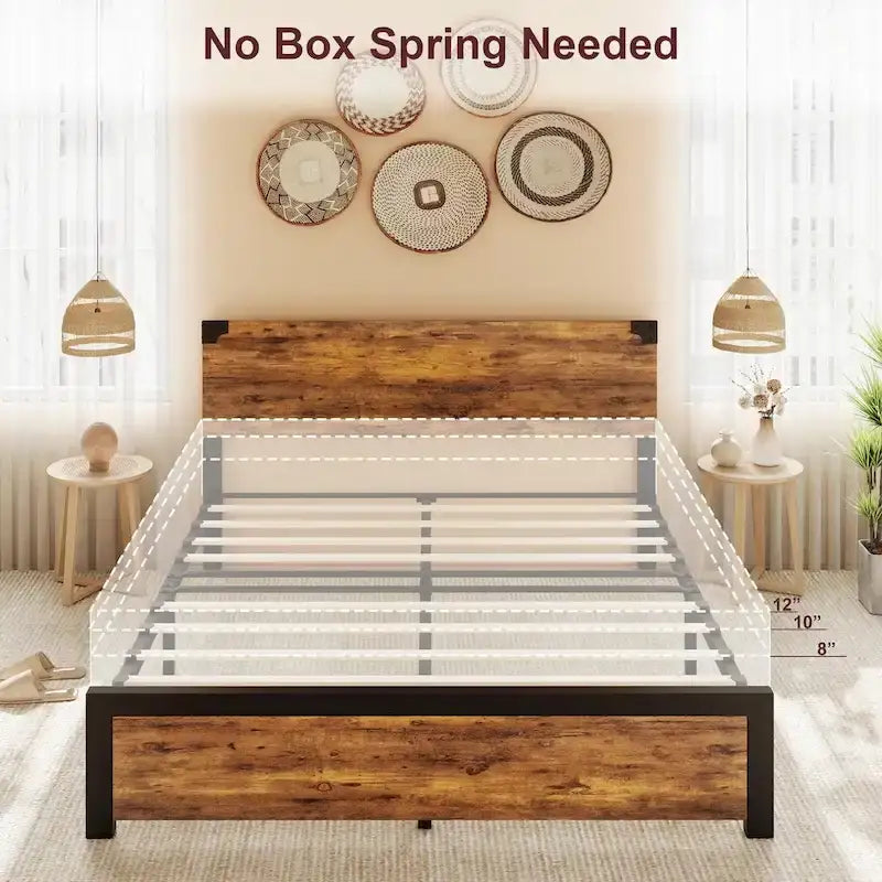 Cadre de lit avec tête de lit en bois, lit plateforme avec rangement sous le lit